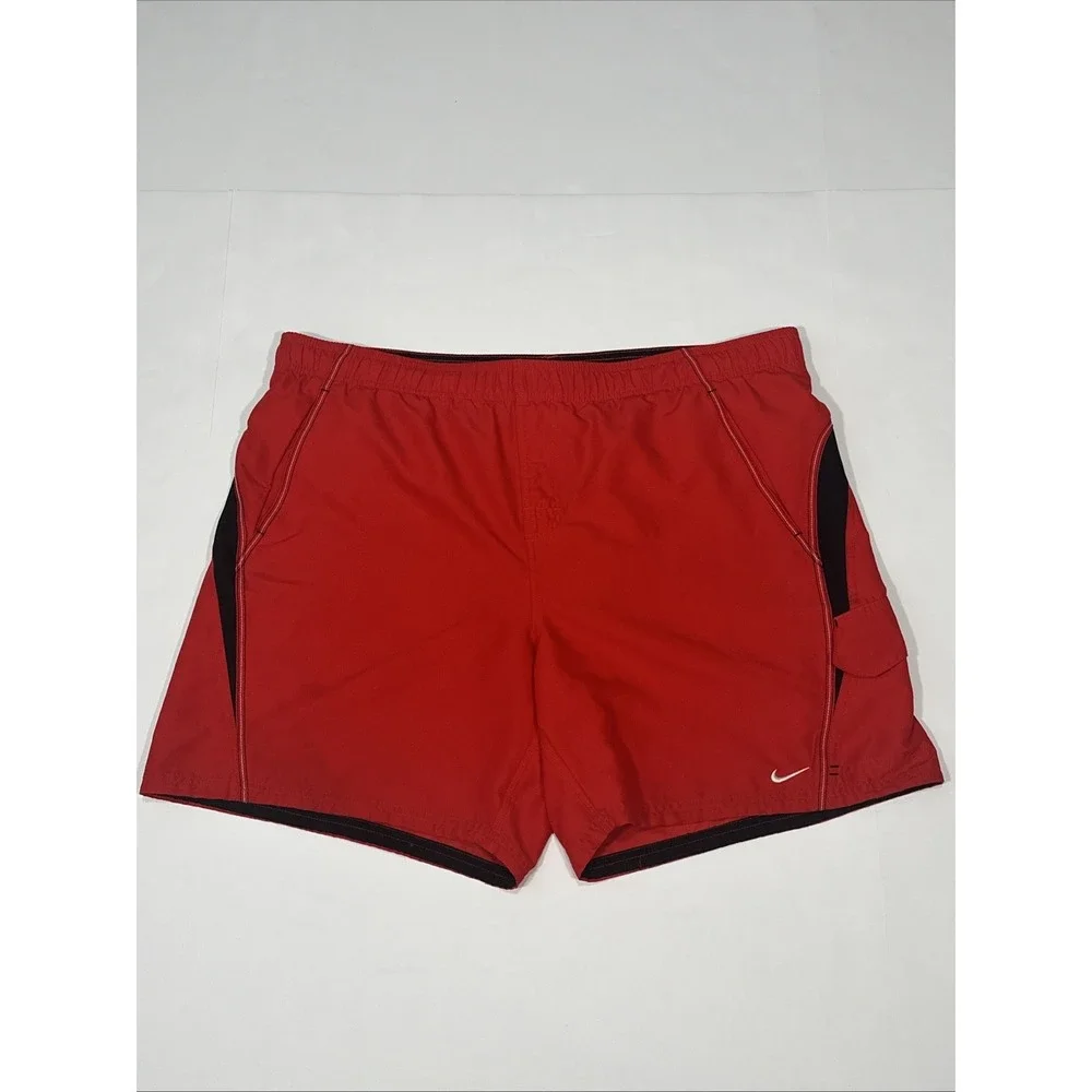 Nike Swim Shorts Mesh Lined Drawstring Red Black Cargo‎ Swoosh Men's Size XL